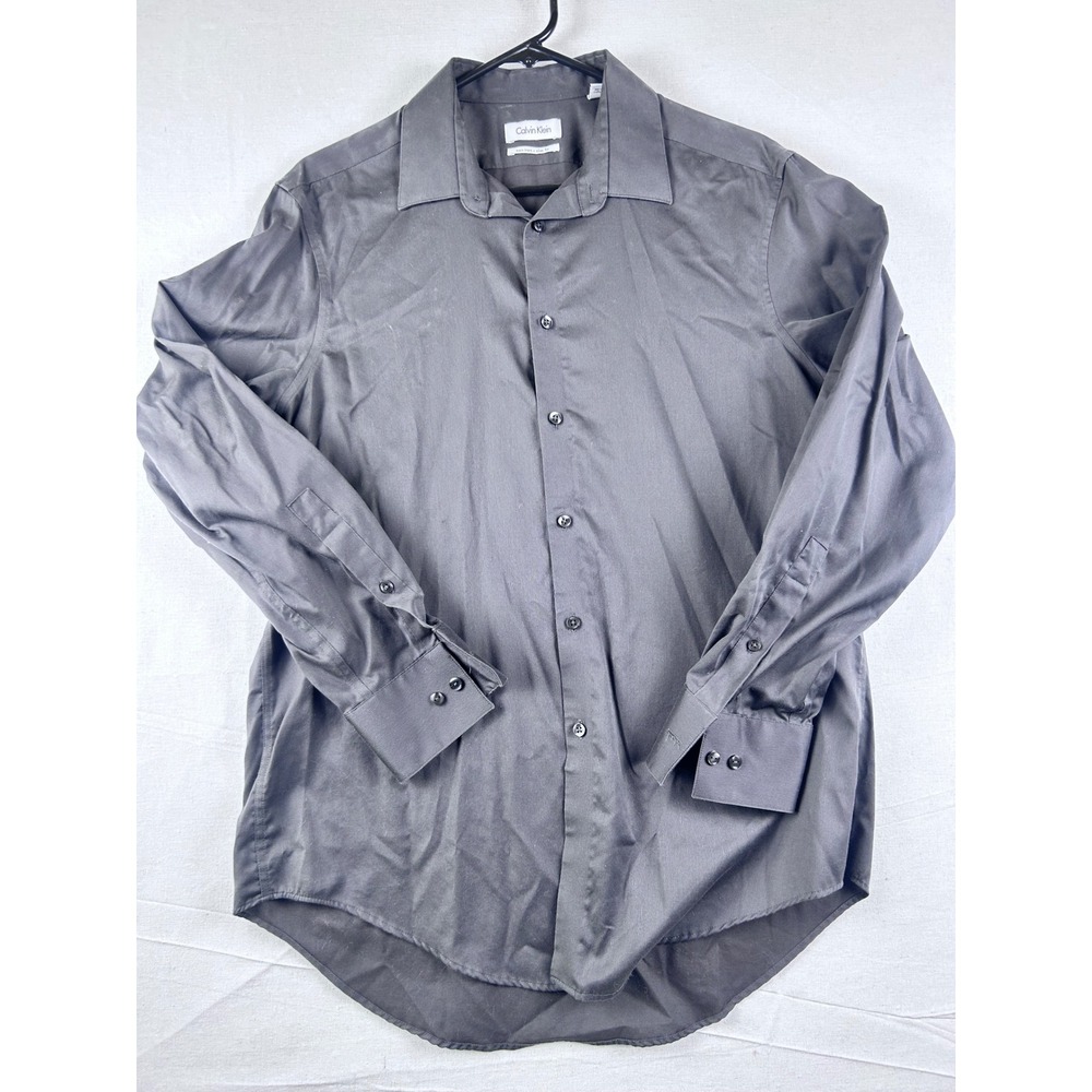 Calvin Klein Mens Gray Non-Iron Slim Fit Dress Shirt 16 32/33 Cotton Long Sleeve